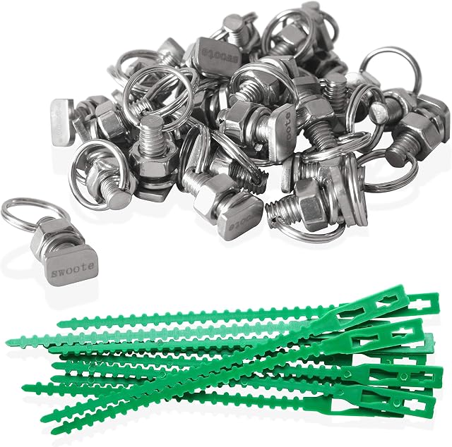Swoote Cropped Head Greenhouse Bolts and Rings (30-pack, Stainless Steel) Creates Hanging Anchor Points in Glazing Bar Channels - Complete with 20 Reusable Plant Ties