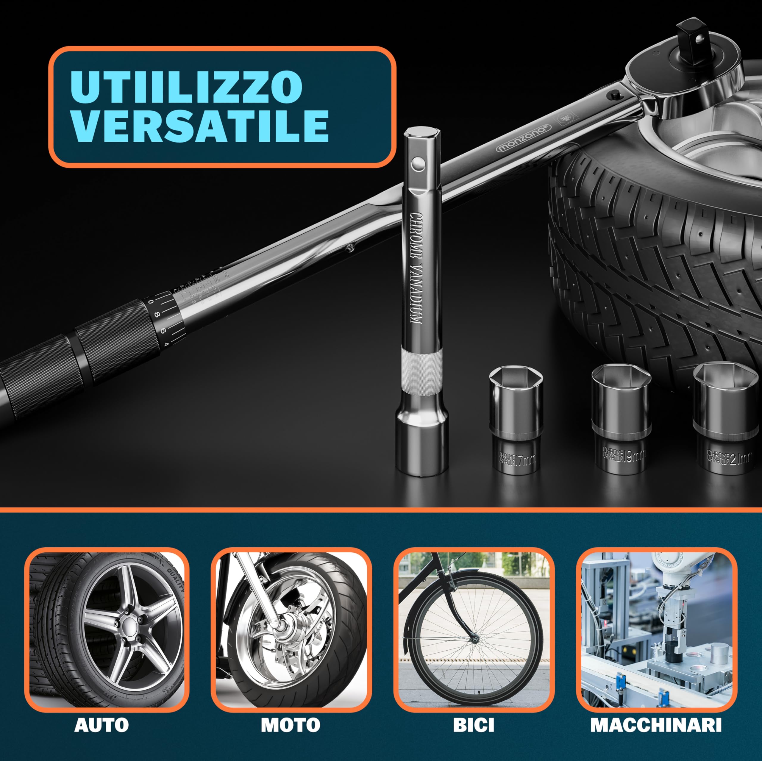 Monzana® Set di Chiavi Dinamometriche 6 pz. 40-210Nm 1/2 ' CV Incl. 3 Bussole Prolunga Valigetta Chiave Officina