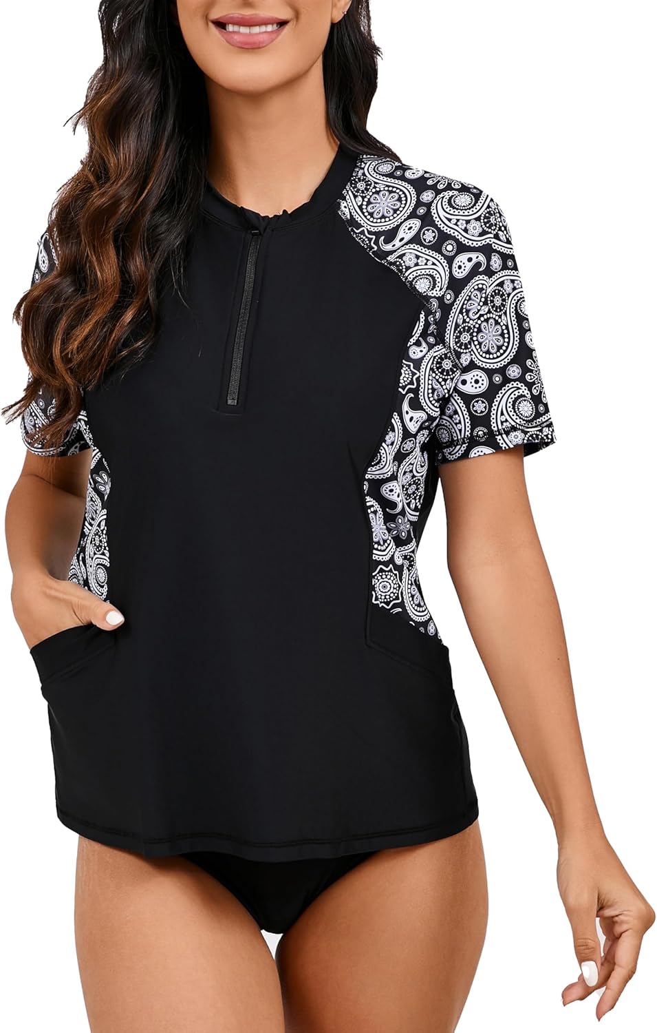 Halcurt Women's Short Sleeve Rash Guard Swimsuit Top with Built in Bra Swim Shirt UPF50+ Quick Dry Bathing Suit