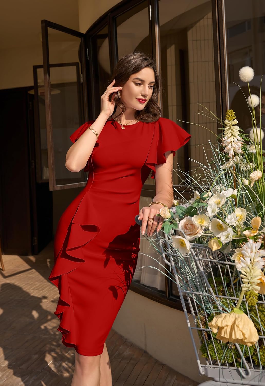 Memoriesea Women's Vintage Church Ruffle Sleeve Ruched Bodycon Work Midi Pencil Dress - Image 4