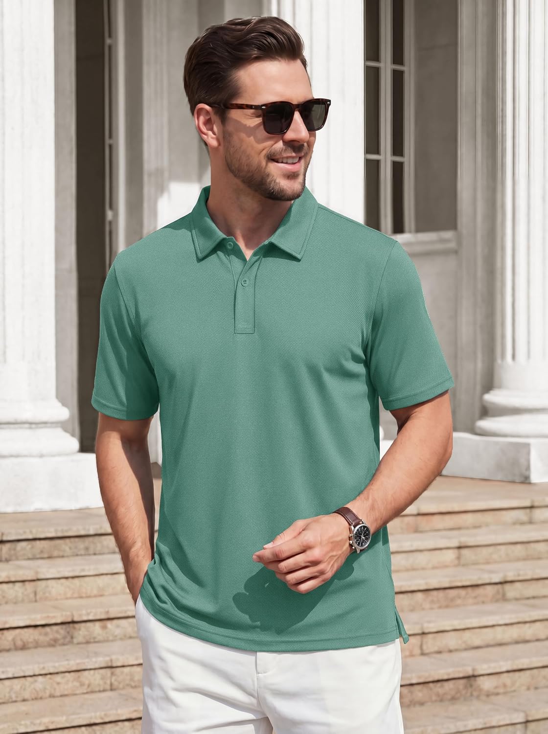 Cotrasen Mens Polo Shirts 2 Buttons Cotton Short Sleeve Pique Golf Collared Basic Shirts Breathable Soft Classic Polos