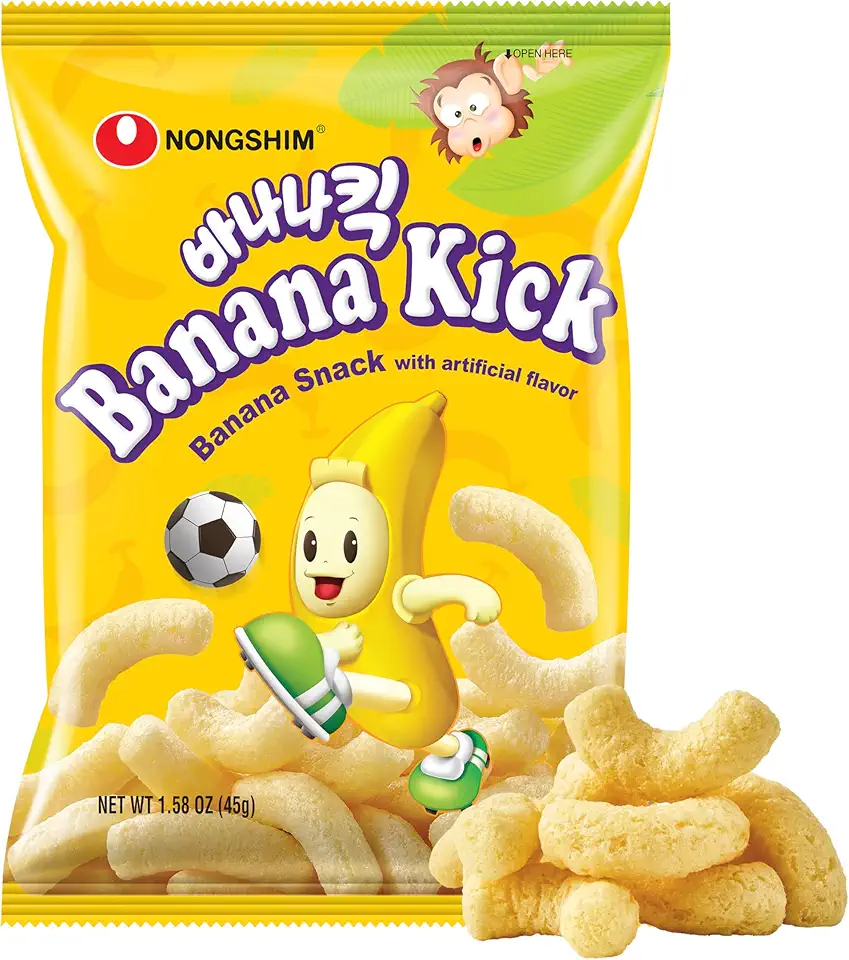 Nongshim Banana Kick Puff Snack - Crispy Corn Puff with Banana Flavor, Soft and Sweet Fruit Snack for All Ages, K-Pop Favorite Korean Treat, 1.58 oz (Pack of 20)