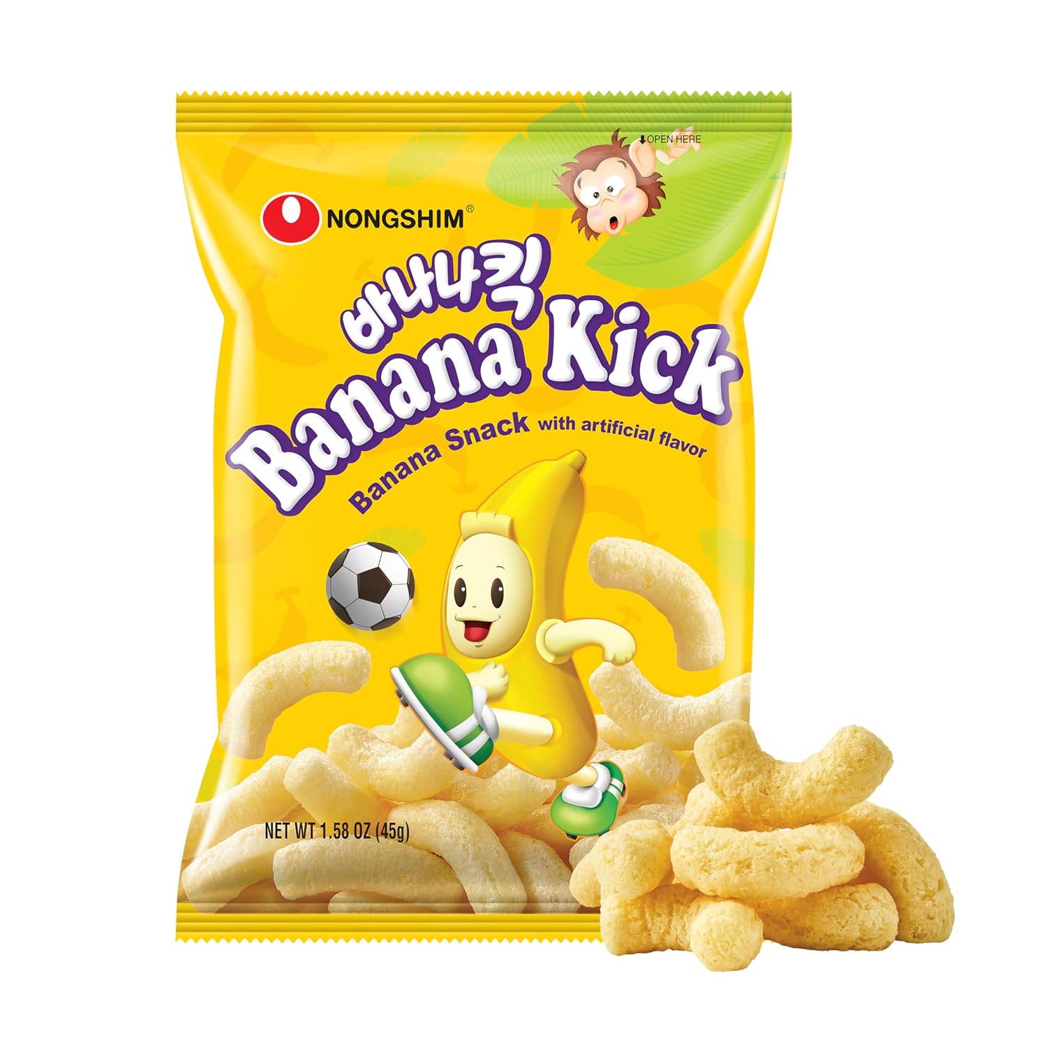 Nongshim Banana Kick Puff Snack - Crispy Corn Puff with Banana Flavor, Soft and Sweet Fruit Snack for All Ages, K-Pop Favorite Korean Treat, 1.58 oz (Pack of 20)