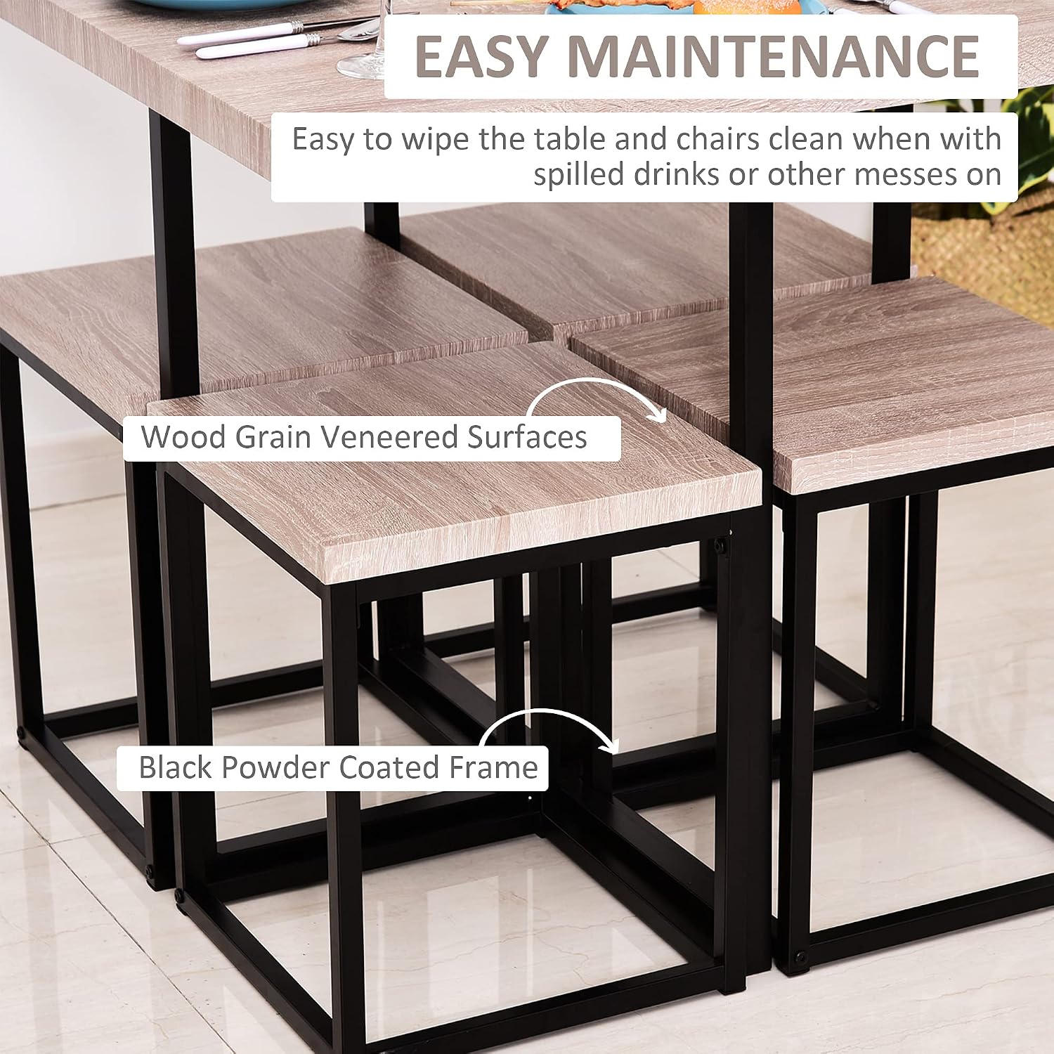 HOMCOM 5 Piece Dining Table Set, Square Kitchen Table Set with Stools for Small Space, Breakfast Nook, Natural Wood Color