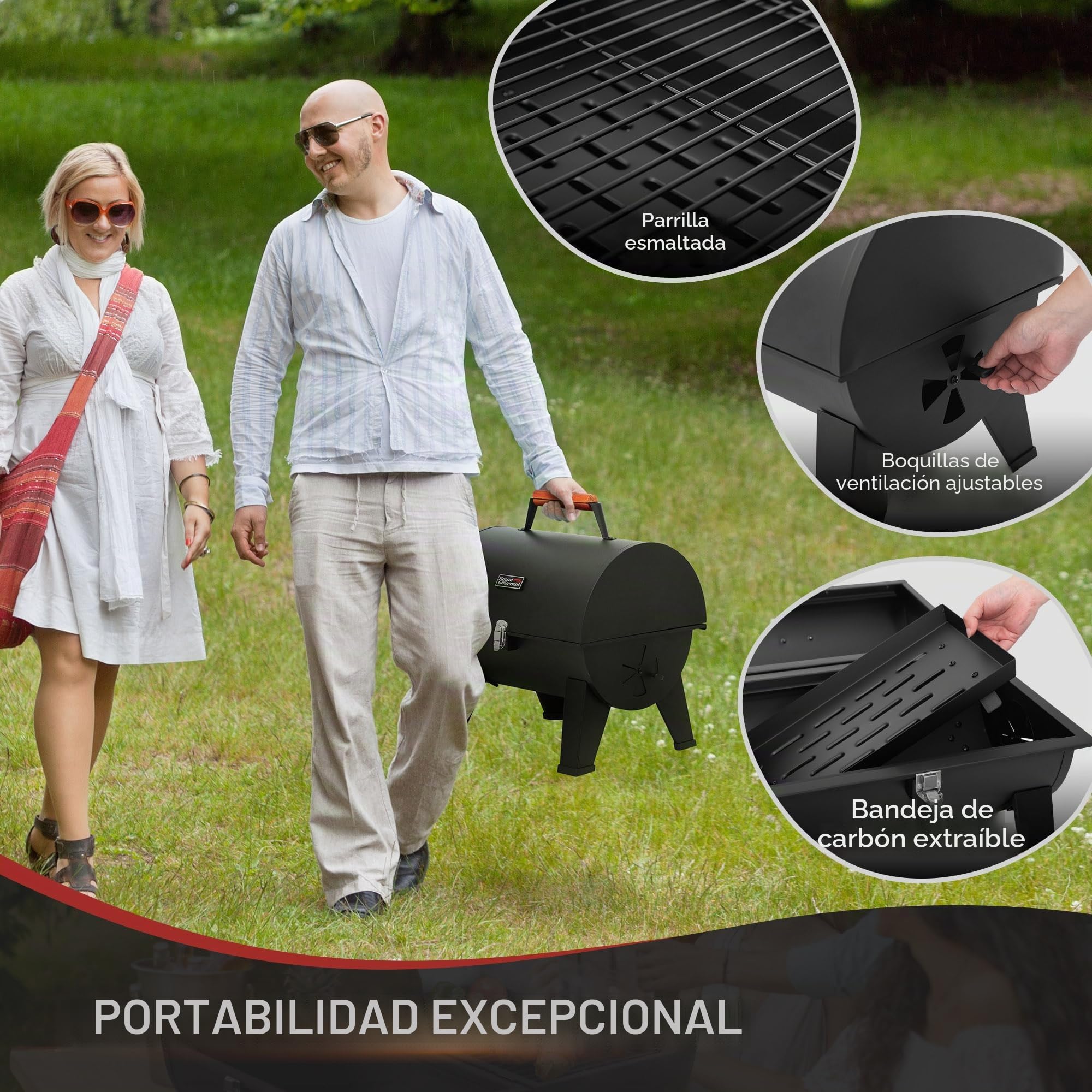 Royal Gourmet Barbacoa portátil de carbón vegetal, barbacoa de camping para jardín, pícnic, barbacoa de mesa de carbón, barbacoa plegable con cierre a presión y mango de madera, color negro