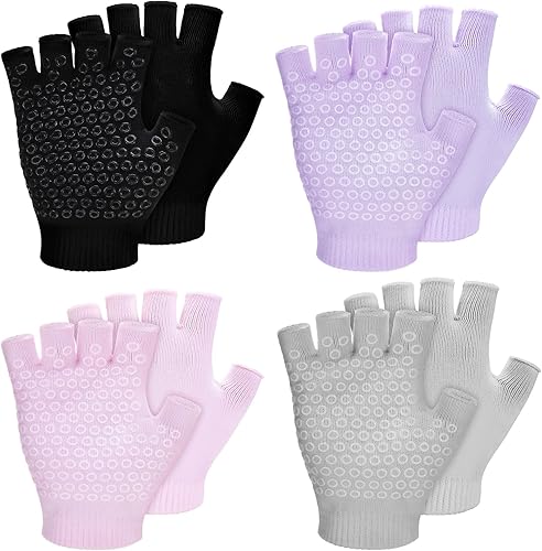 Eurzom 4 pares de guantes de yoga sin dedos con agarres para mujer, de silicona, puntos, pilates, ejercicio, guantes de algodón, equipos de