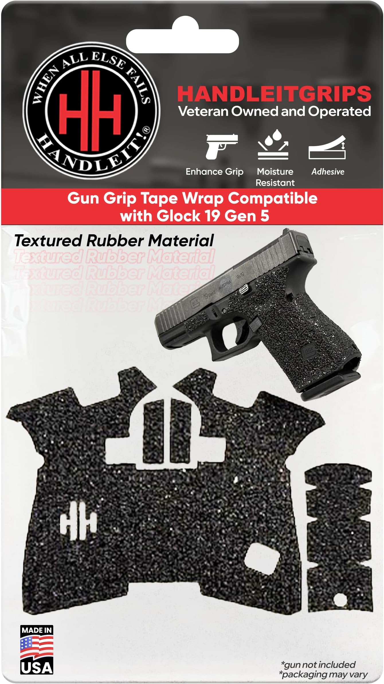 Gun Grip Tape Compatible with Glock 19 Gen 5 MOS - Black Textured Rubber Pistol Grip Tape, Gun Skins, Veteran Owned, Made in USA