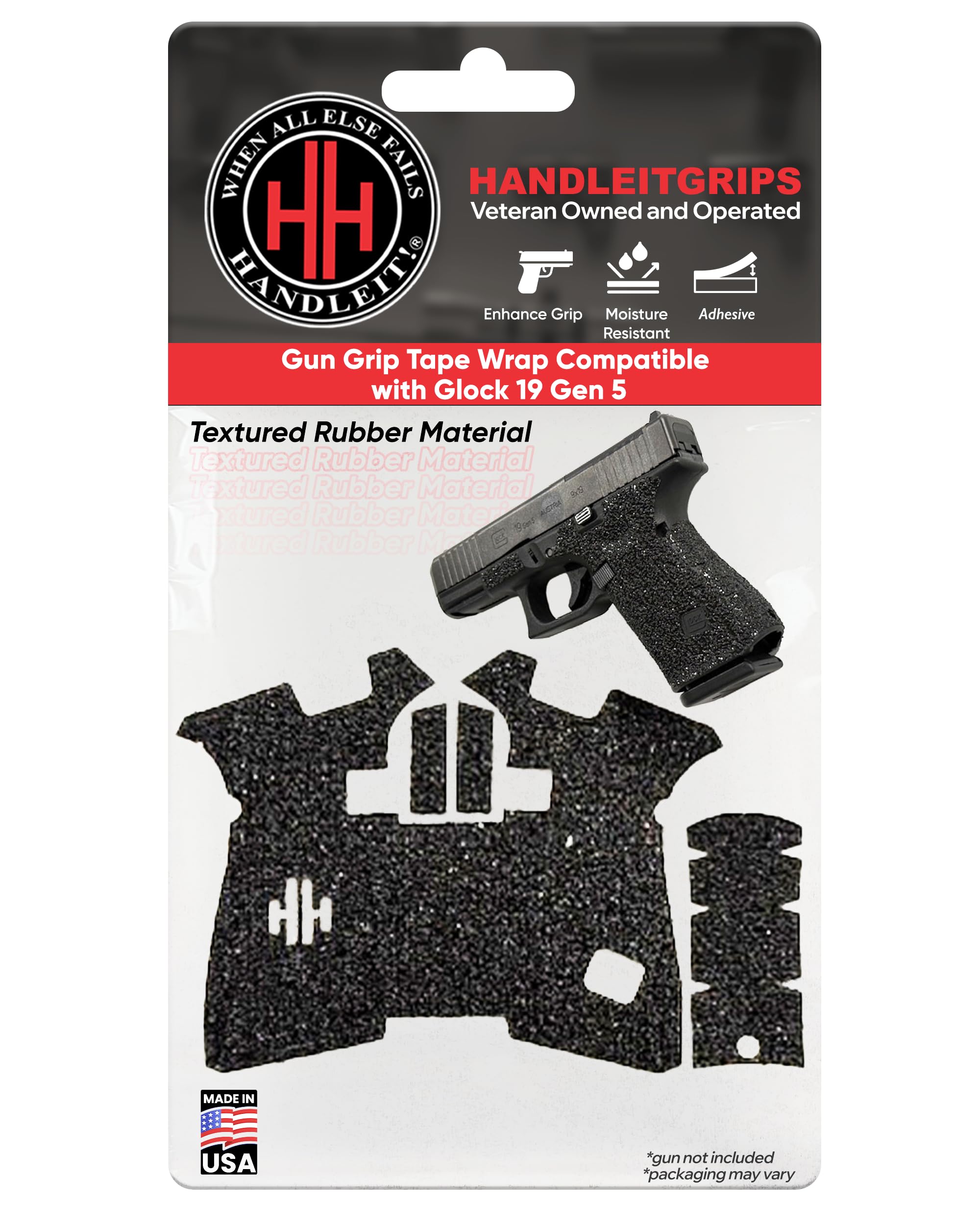 Handleitgrips Gun Grip Tape Compatible with Glock 19 Gen 5 MOS - Black Textured Rubber Pistol Grip Tape, Gun Skins, Veteran Owned, Made in USA