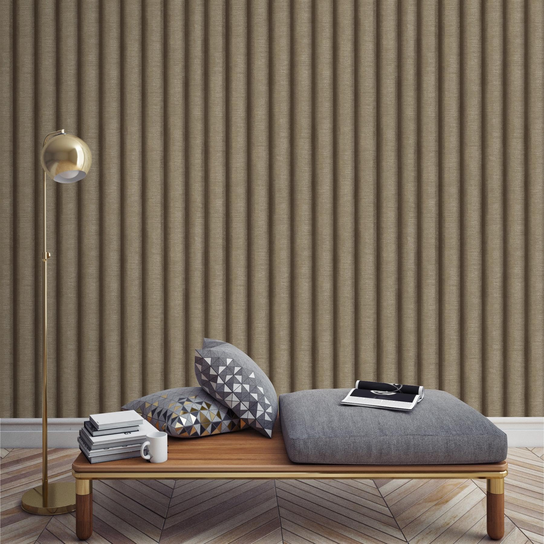 Sophie Laurence Bronze Ribbed Wood Brown Gilded Stripe Slat Wall Vinyl Wallpaper Bedroom, Feature Wall, Hallway, Feature, Modern Wallpaper For Living Room Fireplace - (10M X 0.53M) Full Roll