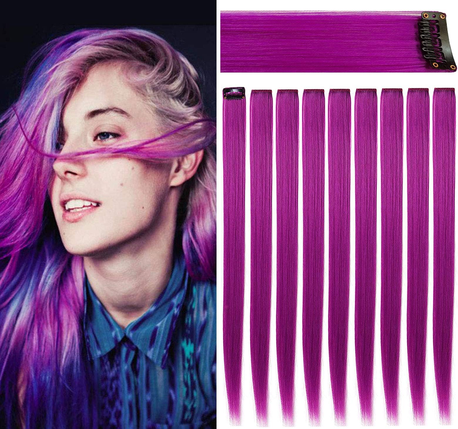 Rhyme 9PCS 21" Colored Clip in Hair Extensions Purple Hair Extensions for Women Girls Hair Clips Straight Fashion Hairpieces for Party Highlights Hair Accessories (Purple)