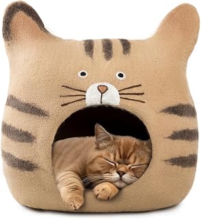 Luxurious Merino Wool Cat Cave - Foldable Hideaway Pod for Indoor Cats - Premium Felt Kitten Pet Enclosure - Covered Cat House for Ultimate Cozy Comfort by Woolygon (Face)
