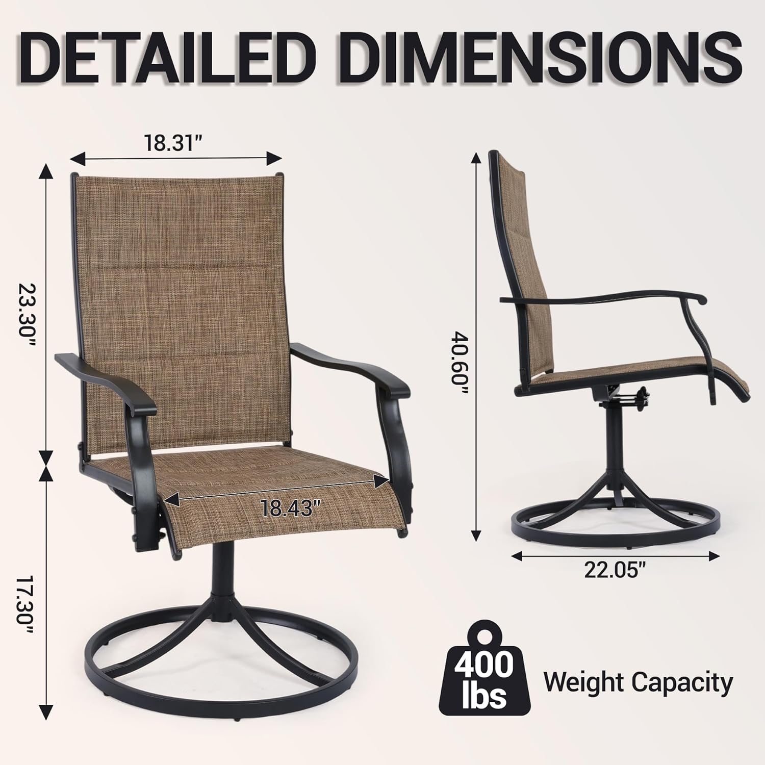 Outdoor Swivel Rocker Chairs Set of 2, High Back Padded Textilene Patio Dining Chairs for Deck Lawn Porch Garden Poolside, Brown