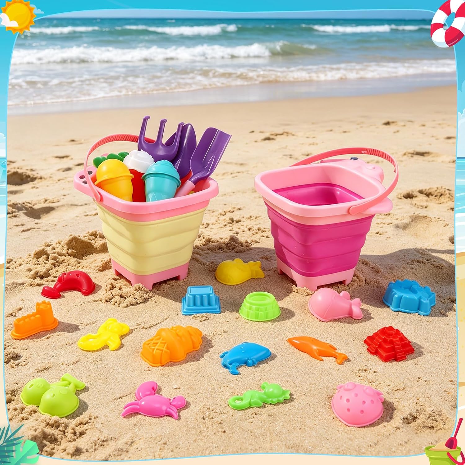 31 Pcs Pink Beach Sand Toys Set for Girls Kids, Beach Sand Toys image 5