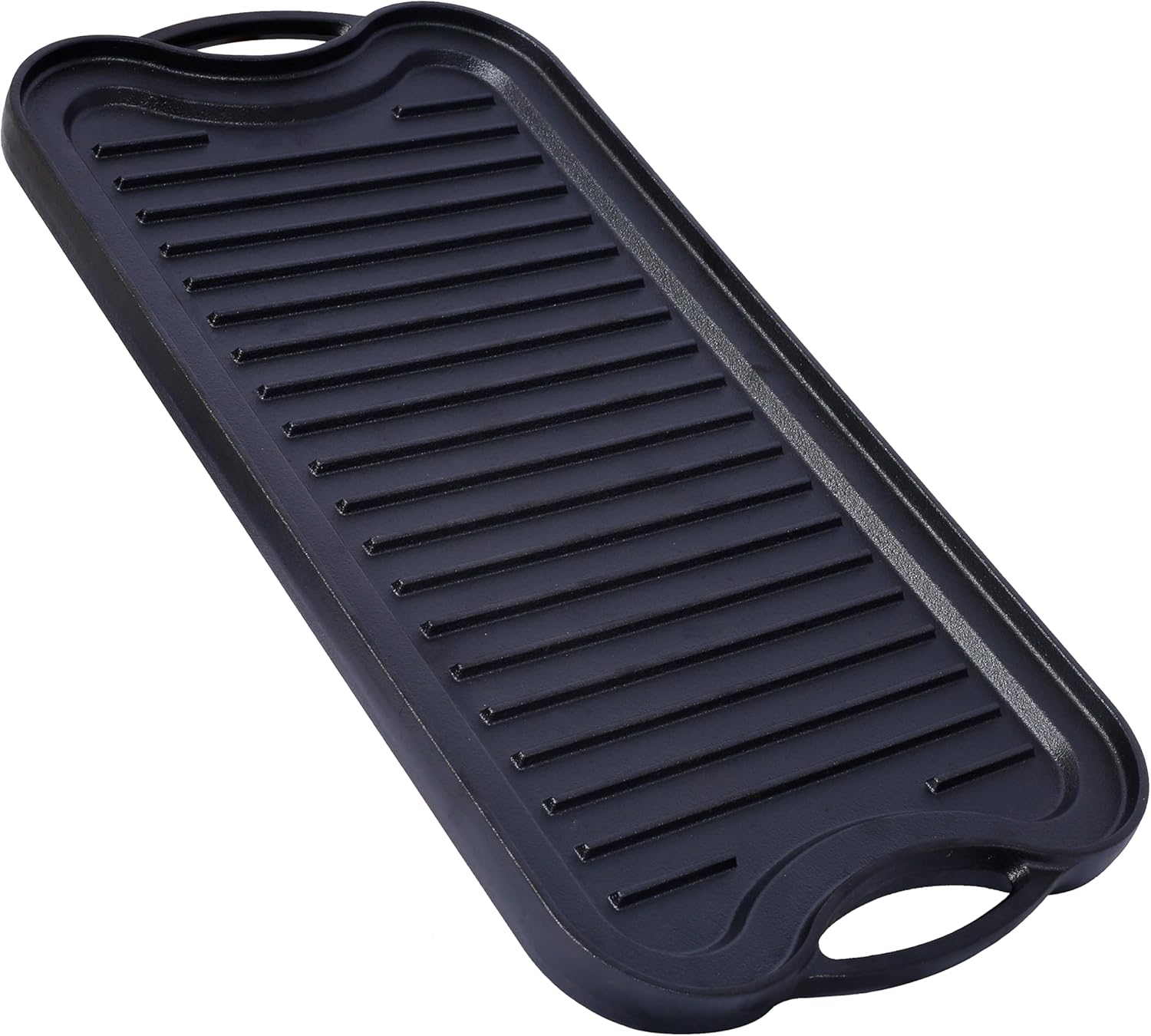 LuckyNote Pre-Seasoned Cast Iron Reversible Rectangular Grill/Griddle, Black,20inch x 10inch reversible design, offering a grilling surface on one side and a griddle on the other