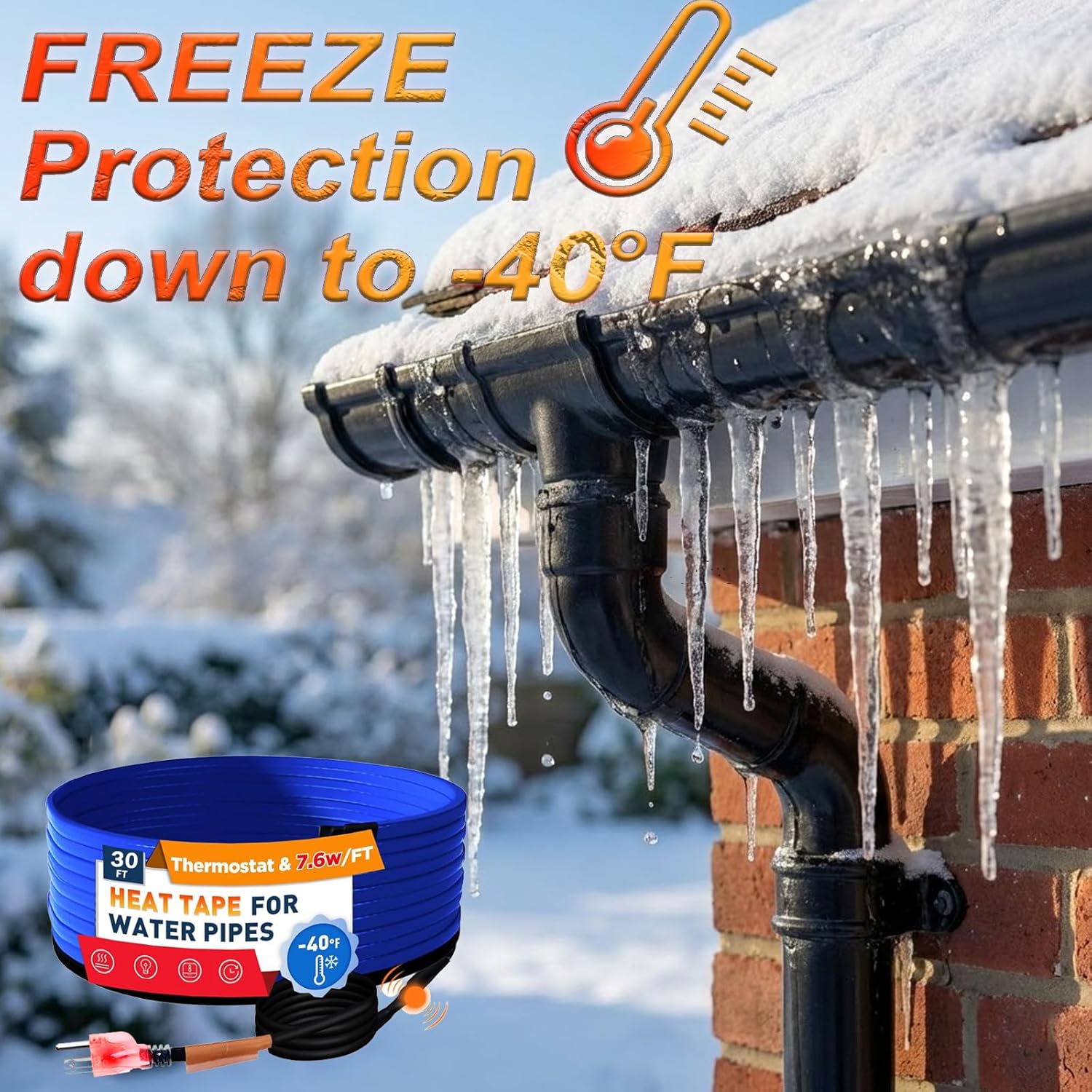 LONRIHEAT 30FT 7.6W/ft High-Power Self-Regulating Heat Tape for Water Pipes with Thermostat – Complete Installation Kit & 3-Year Warranty for Metal/Plastic Pipes, RV, Roof, Drain (120V, Up to -40°F)