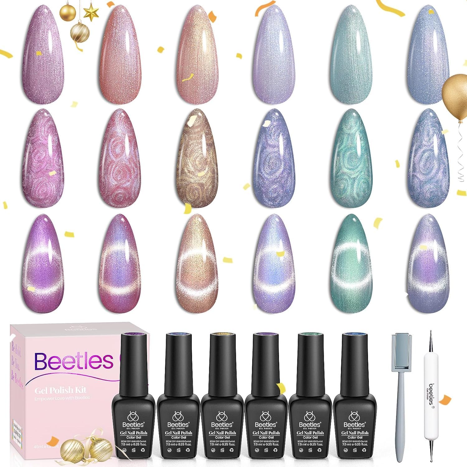 Beetles Cat Eye Gel Nail Polish Set 6 Colors, Glitter Red Shiny Burgundy Purple Magnetic Effect with Beetles 6 Colors Cat Eye Purple Pink Gel Nail Polish Set with Magnet and Double-ended Pen
