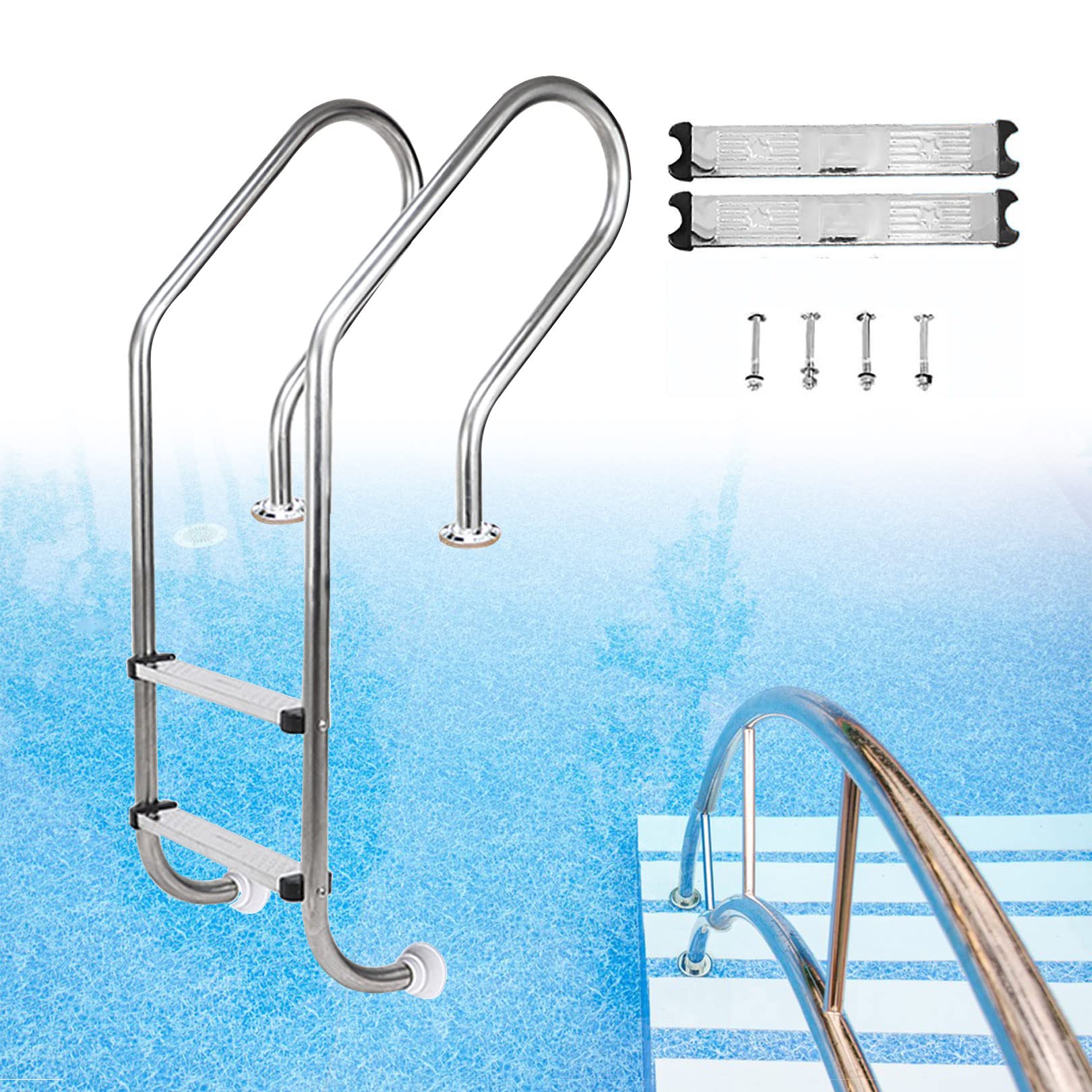 main courante de piscine Échelle de piscine, main courante de piscine antidérapante à 2 marches en acier inoxydable avec pédale, échelle de marches de piscine pour intérieur et extérieur tube inox