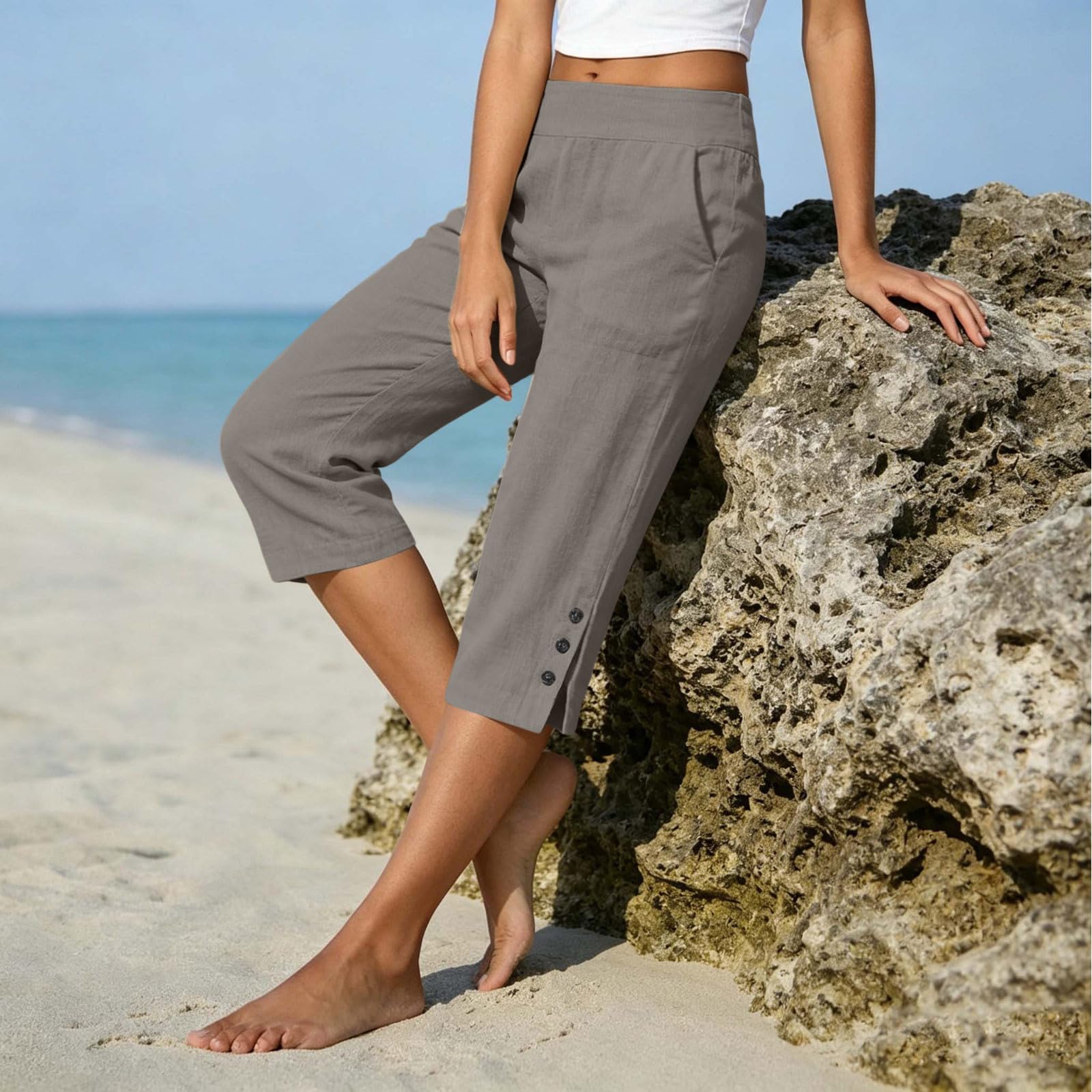 Sommerhose Damen Leicht Leinenhose Damen Sommer 3/4 Musselin Kurze Hose Leicht Leinen Sommerhose Mit Taschen Causal Atmungsaktiv Caprihose Elastische Bequeme Stoffhose Freizeit Strandhose