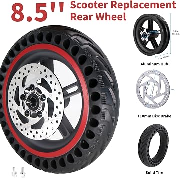 8.5'' Electric Scooter Replacement Rear Wheel Solid Tire with Wheel Hub & 110mm Brake Disc | Compatible with Gotrax GXL V2, GL2, XR, Rival, APEX MAX, Hiboy S2 V2
