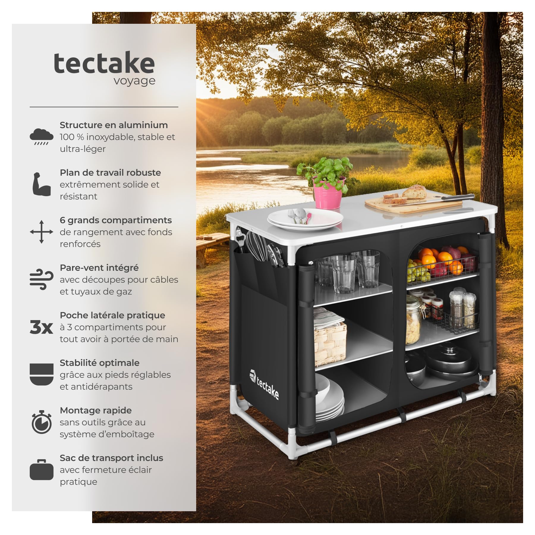 tectake® Meuble de Rangement Cuisine de Camping Pliable en Aluminium, avec Étagères, Plan de Travail, Pieds réglables, Sac de Transport Inclus, Stockage pour Vaisselle, Accessoires Cuisine, Aliments
