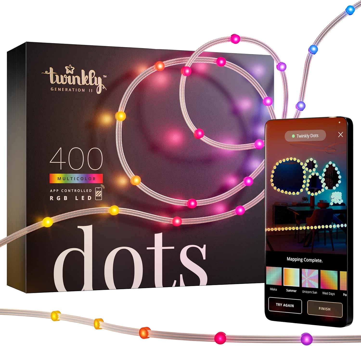 Twinkly Dots 65ft, Multicolor LED Strip, in- and Outdoor Flexible RGB LED Strip, Compatible with Alexa LED and Google Home, IP44, 16 M+ Colors, App Mapping, Transparent Wire, 400 LED