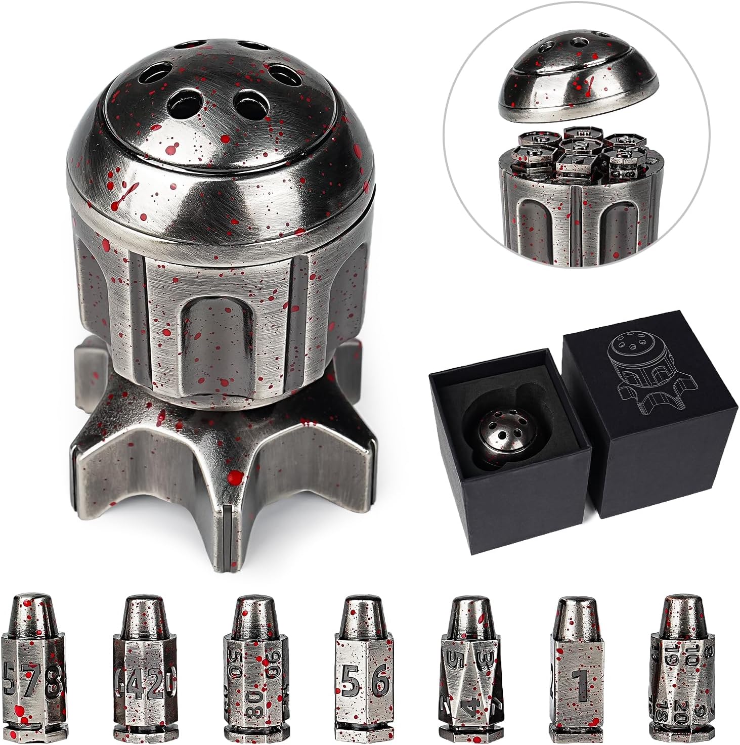 DND Bullet Dice Set 7Pcs,Metal Bullet Dice Polyhedral Bloodstain Dice,Spinning Missile Container Design for Dungeons and Dragons RPG MTG Tabletop Games Role Playing Game Accessories