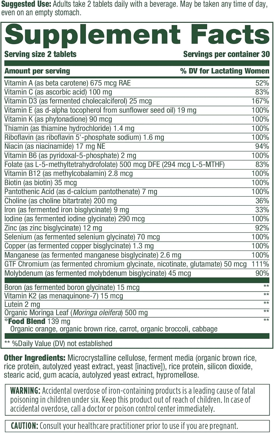 MegaFood Baby & Me 2 Postnatal Multivitamin for Breastfeeding Moms with Folate (Folic Acid Natural Form), Choline, Iodine, Vitamin D, Moringa Leaf and More - 60 Tabs (30 Servings)