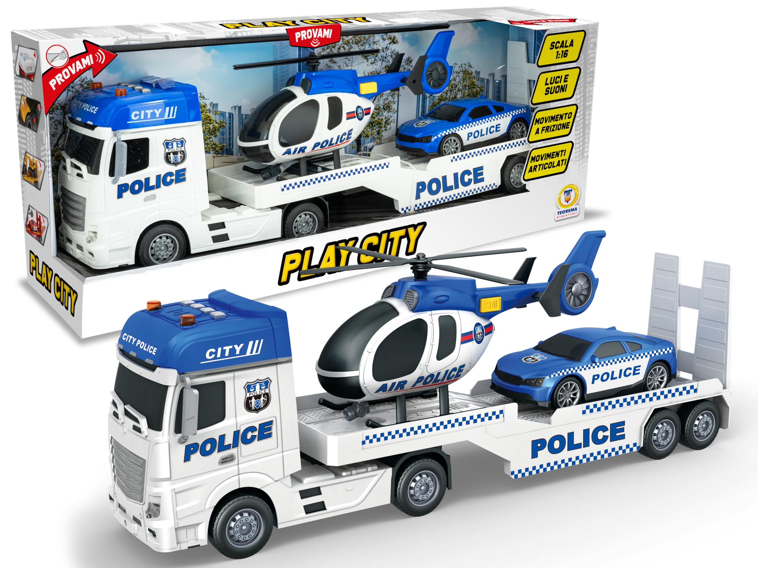 Teorema Giocattoli - Camión de Juguete para niños con helicóptero y Coche, Juego de vehículos con Luces y Sonidos, Movimiento de Embrague, Escala 1:16, Tema de policía