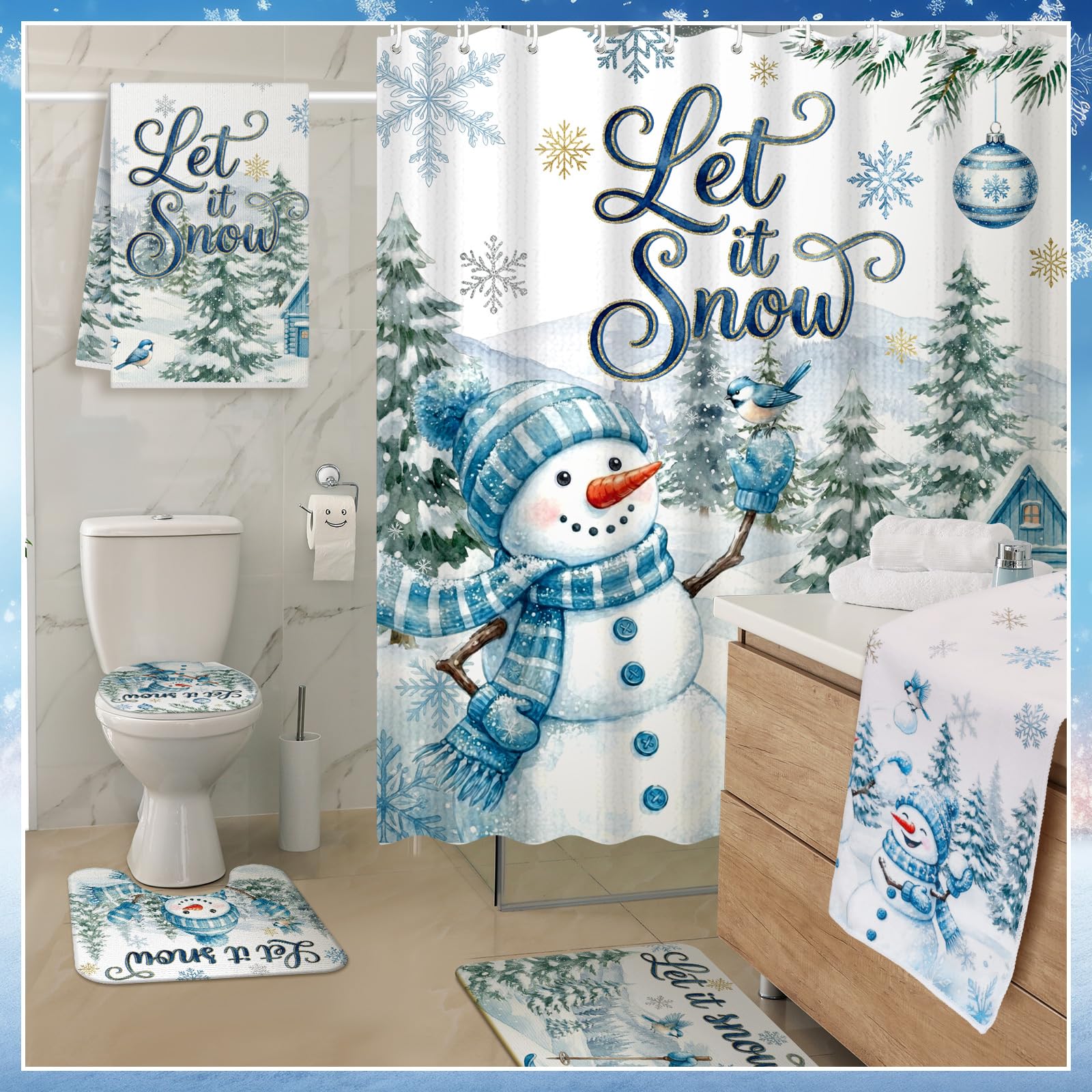 Nuanchu 6 Pcs Christmas Shower Curtain Set with Rug Blue Bathroom Sets