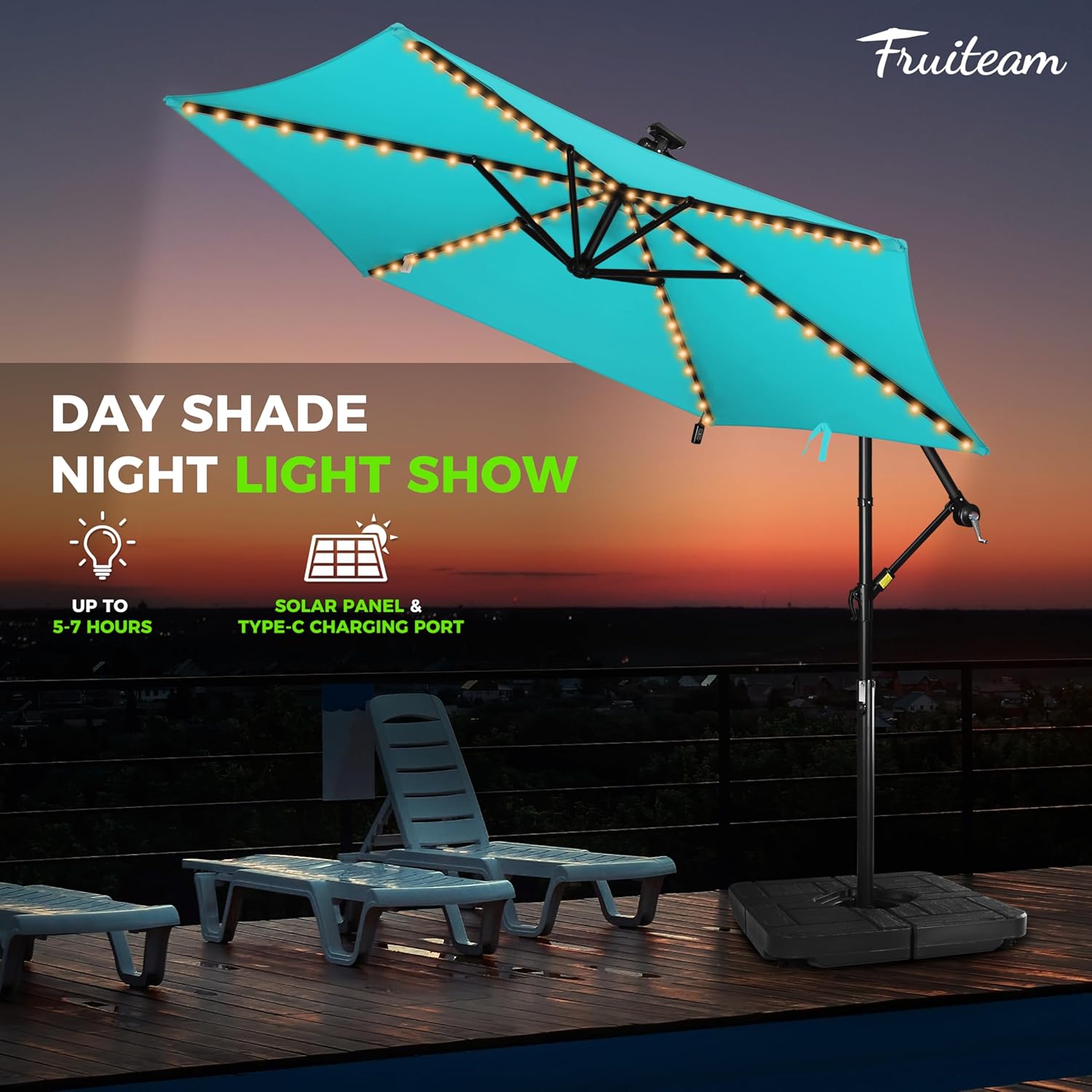 FRUITEAM Solar Colorful LED Lights Offset Patio Umbrella, 10 FT Heavy Duty Polyester Cantilever Outdoor Umbrella with 200+ Light Modes, UV Protection Sun Shade with Push Button Tilt for Garden, Backyard (Turquoise)