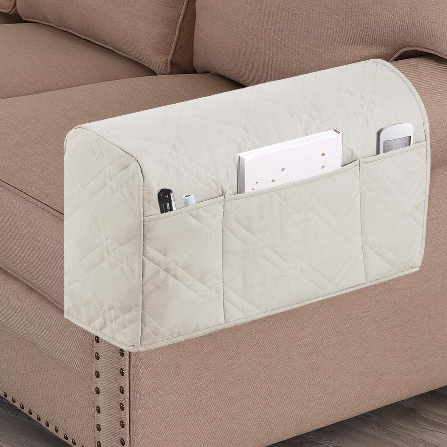 BANEBOR Waterproof Armrest Covers for Recliner with 3 Side Pockets Non-Slip Arm Covers for Chairs and Sofas Protector for Dogs Armrest Slipcovers Set of 2 (Beige)