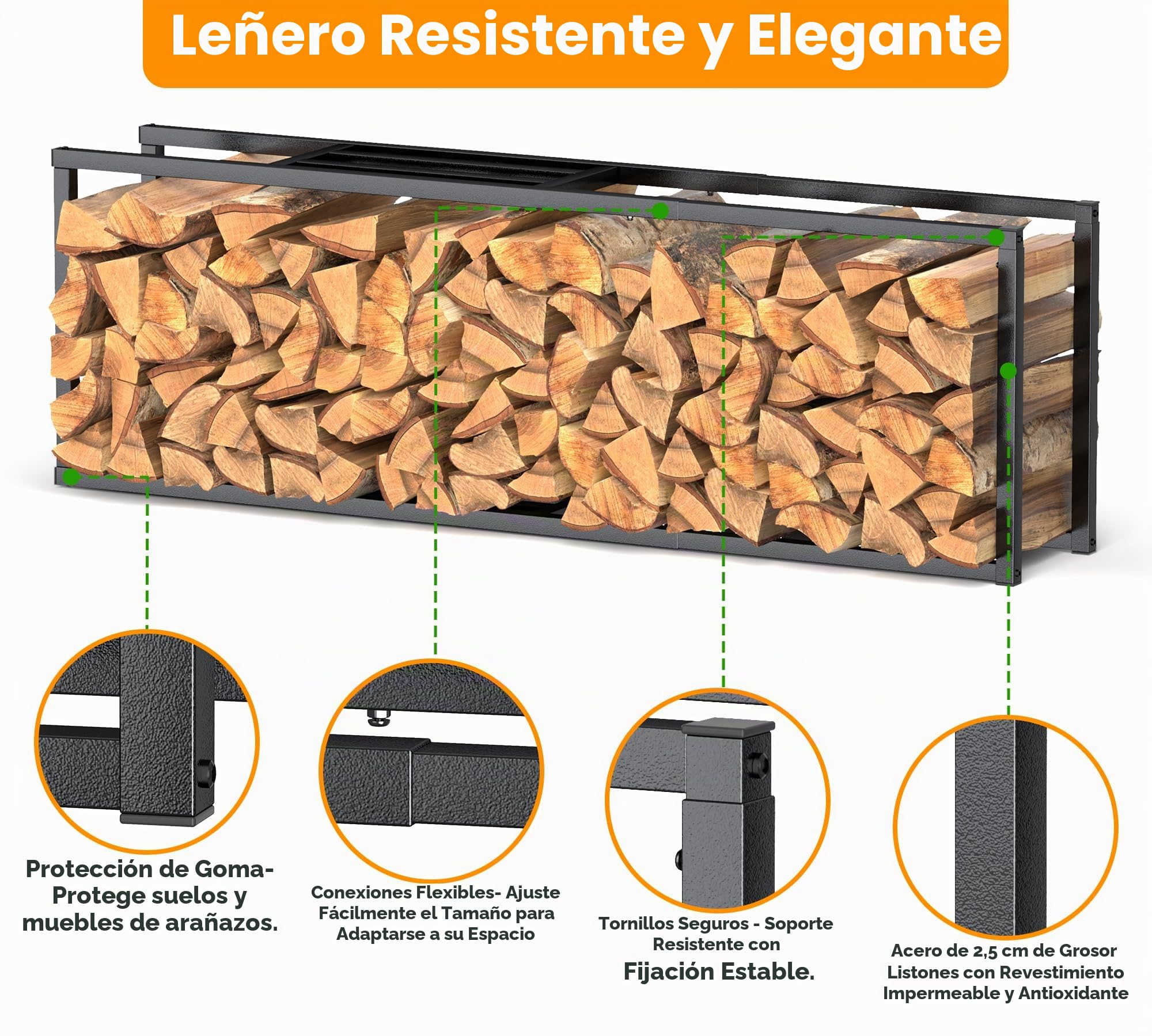 HFHOME Log Store - Estante de madera para interiores con altura y longitud ajustables, apto para uso en exteriores, estante de leña de metal con alfombrilla antideslizante para chimenea y troncos en