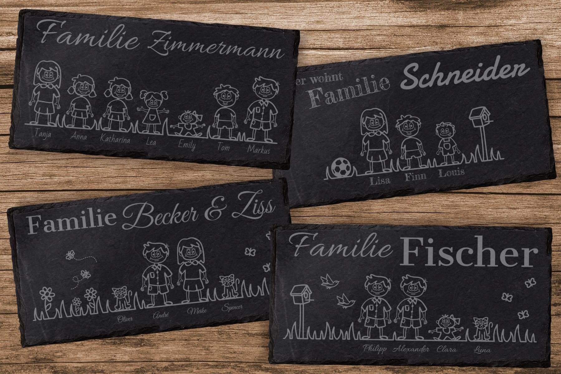 mtb more energy Graviertes Familienschild Türschild Namenschild Familie - frei wähl- und positionierbare Familienmitglieder, Haustiere, Dekoelemente - 30x15 cm - Laser Gravur auf Schiefer