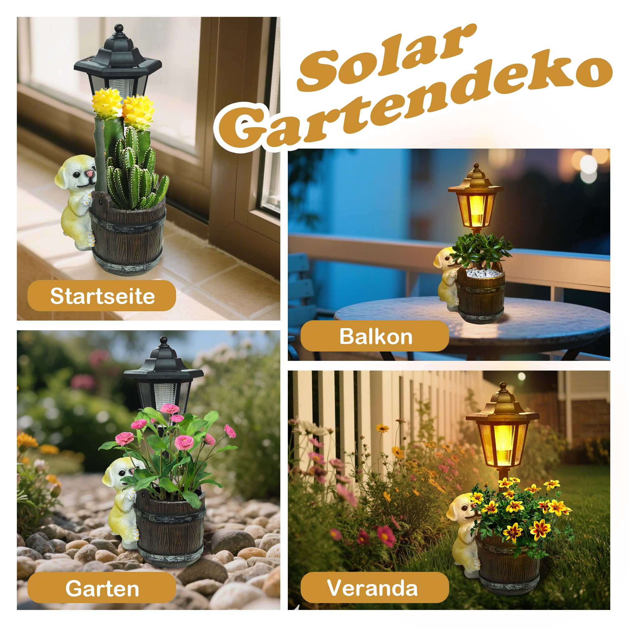 lifemet Gartendeko Solar Außen Hund Statuen - Lustig Gartenfiguren Wasserdicht Solarlampe Blumentopf für Draußen Balkon Garten Deko Geschenke für Frauen Männer Mama