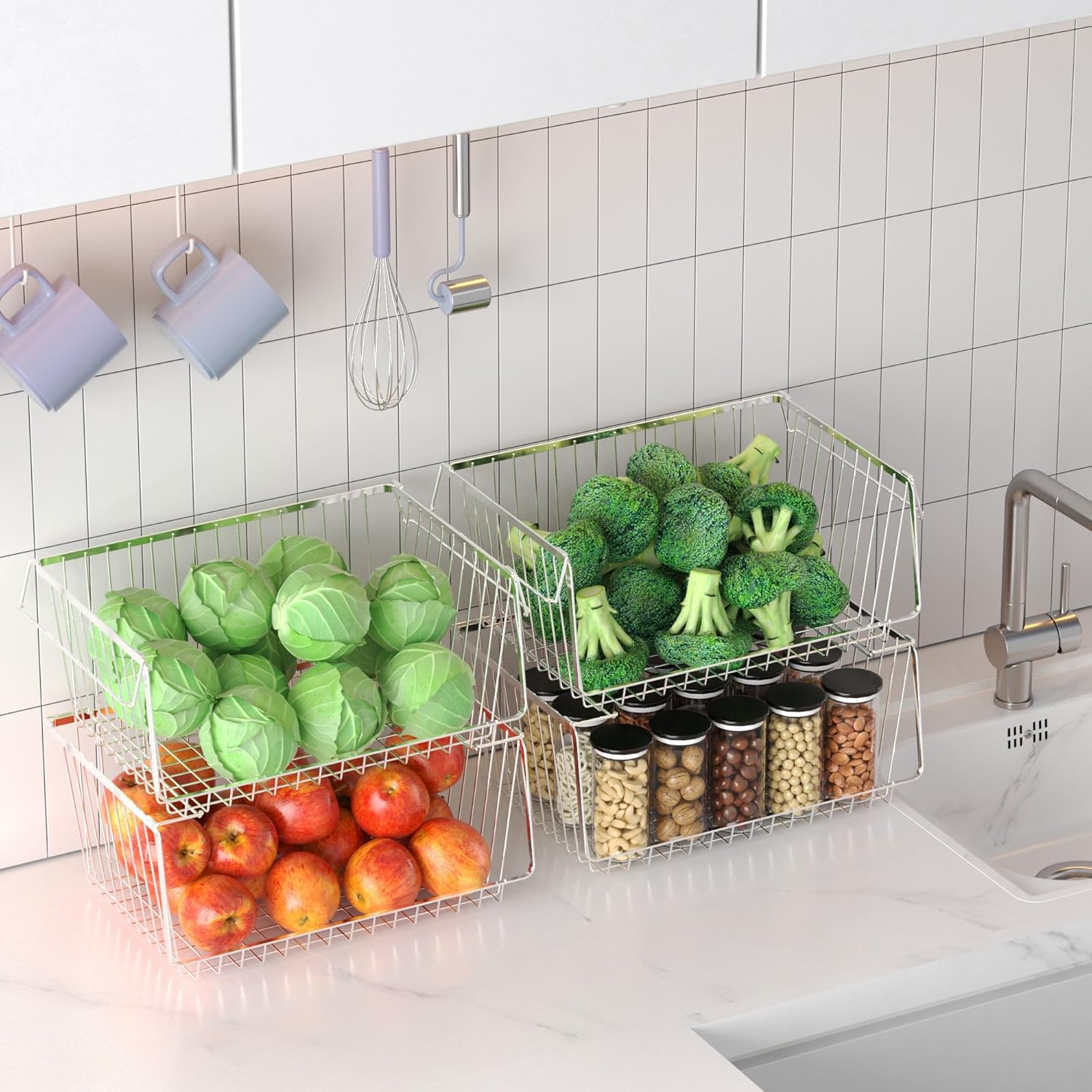 Wire Storage Basket Stackable Organizer Storage Baskets Bins Sturdy Metal Organization with Handles for Pantry, Kitchen, Closets, Bathroom, Cabinets, Kitchen, Set of 3