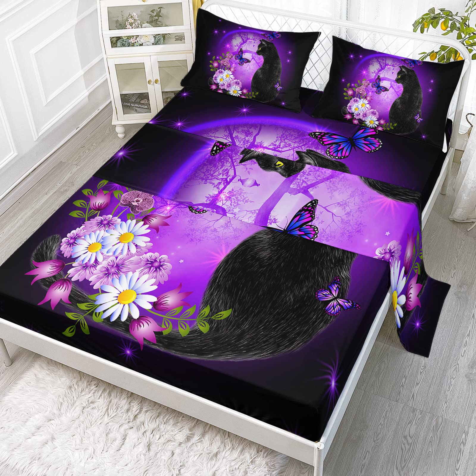 Axolotl Black Cat Sheet Set Full Cartoon Cat Bedding,Daisy Butterflies Printed Kids Sheet Set for Kids Boys Girls Adults Room Decor,Purple Sky Bed Sheets Set,1 Fitted Sheet 1 Flat Sheet 2 Pillowcases