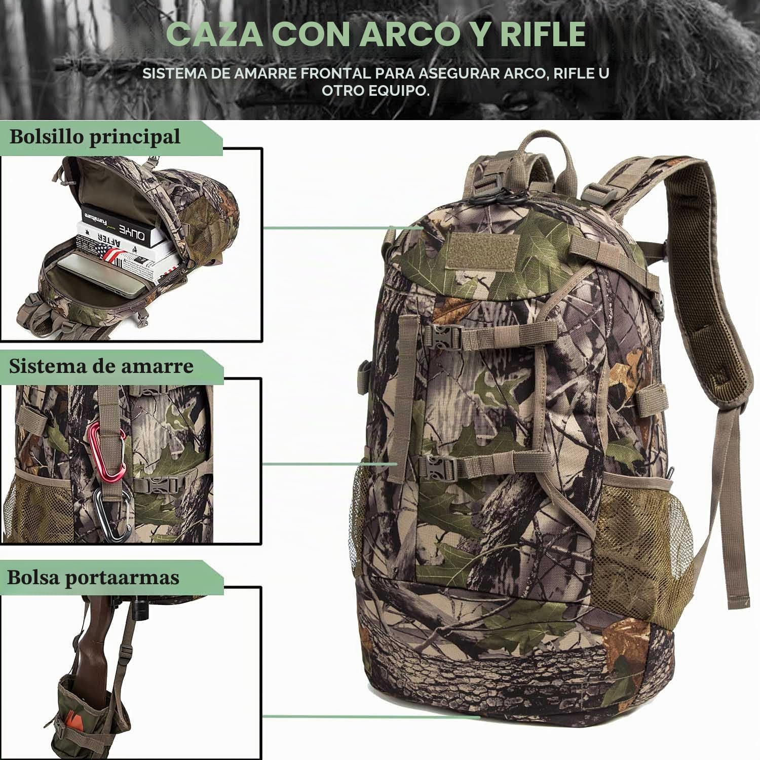 Mochila de caza resistente con sistema para transportar arco y rifle, ideal para acampada, caza y senderismo