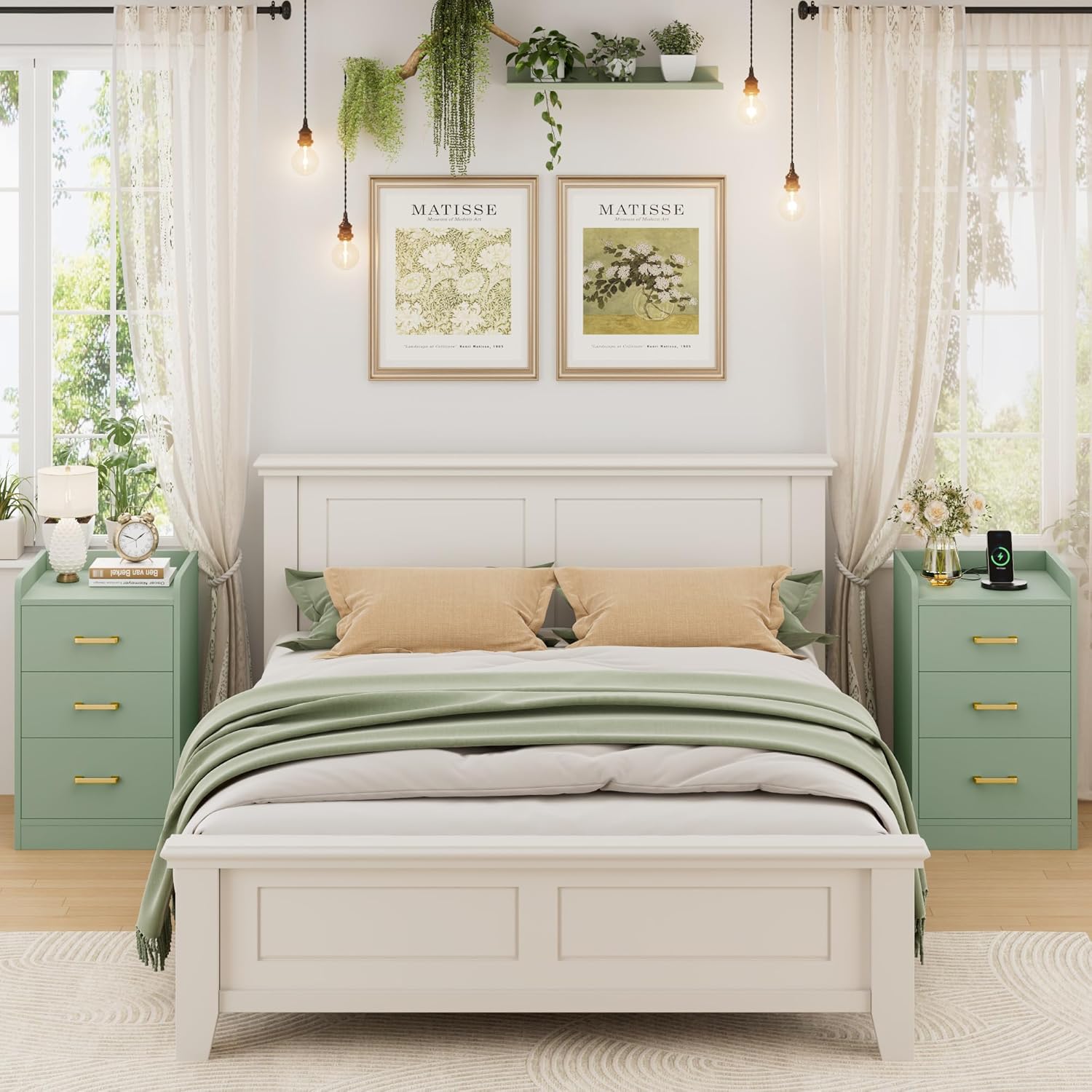 FOTOSOK Nightstands Set of 2 with Charging Station, 3 Drawer Nightstand with Gold Handles, Green Nightstand for Bedroom, Modern Design End Side Table for Home, Office