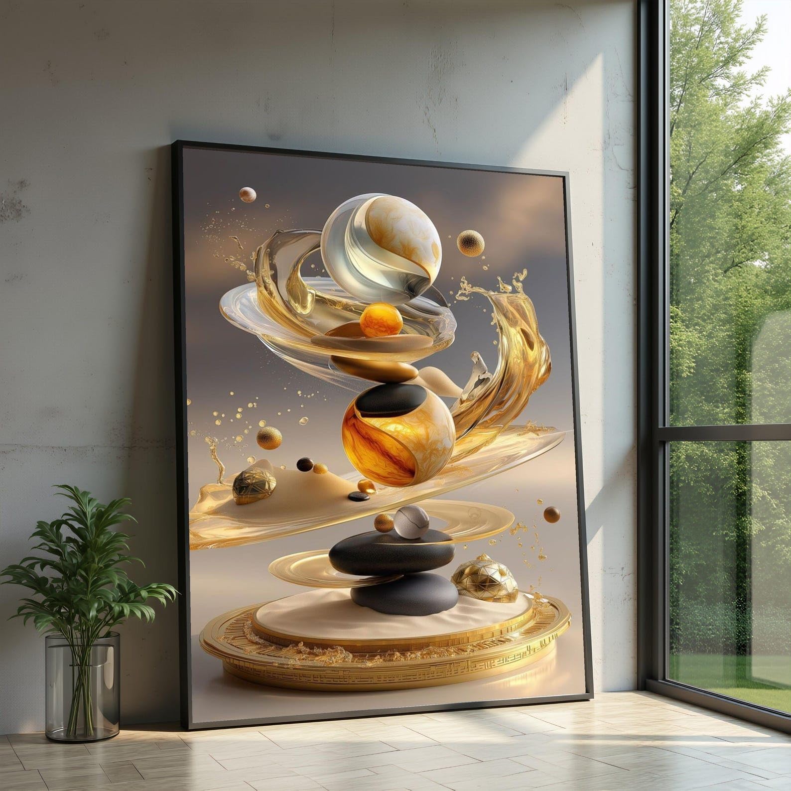 XINBAO Abstract Floating Spheres Canvas, Golden Painting, 3D Wall Art, Geometric Home Decor, Luxury Canvas Wall Decor Posters(60x80cm/Frameless)