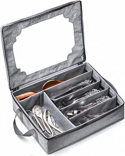 Hiceeden Caja de almacenamiento de utensilios de cubiertos con divisores ajustables, 6 compartimentos, caja de almacenamiento de cubiertos con asas,