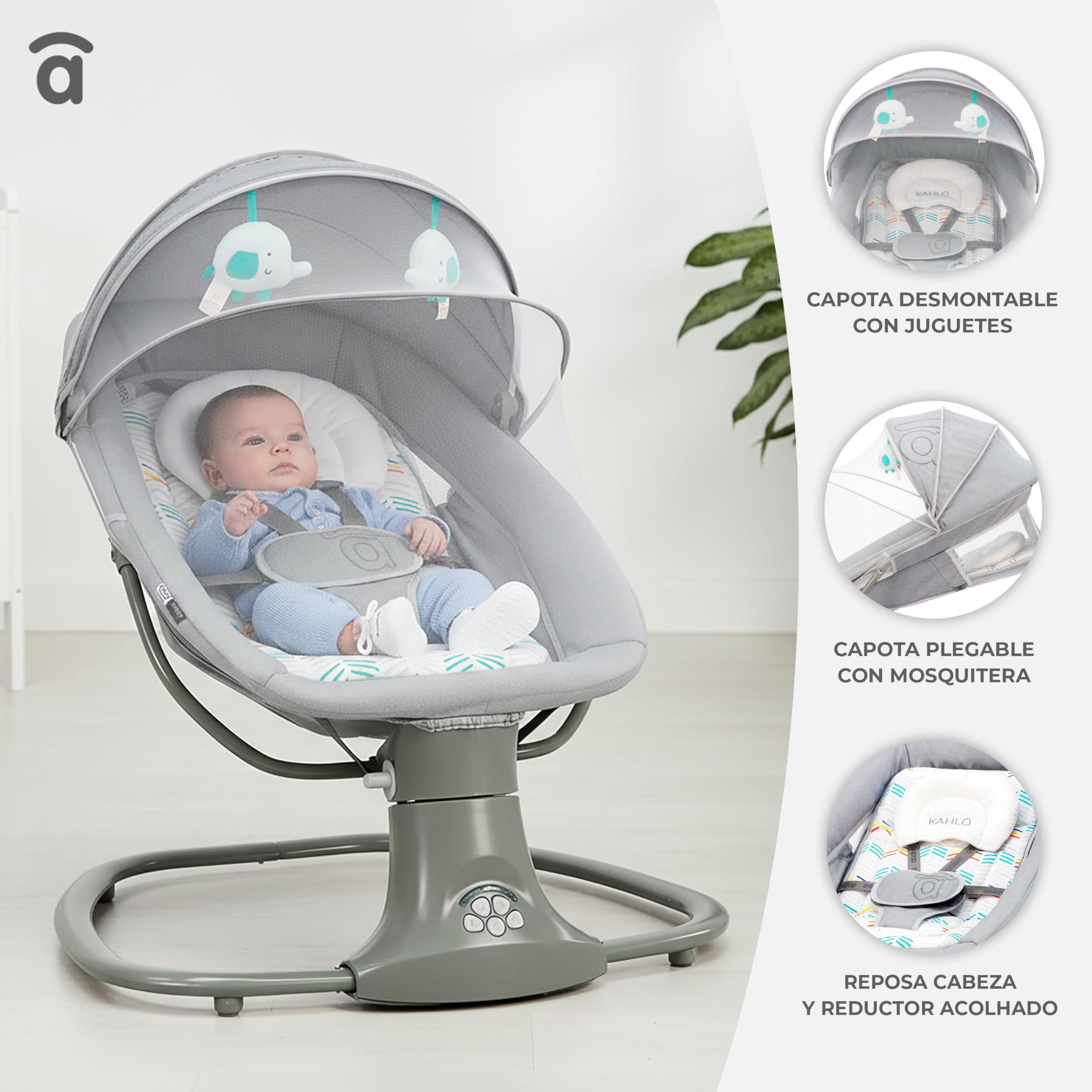Amaca a dondolo con musica Bluetooth oscillazione automatica 5 livelli tettuccio zanzariera giocattolo poggiatesta 0 mesi 9 kg tessuto lavabile