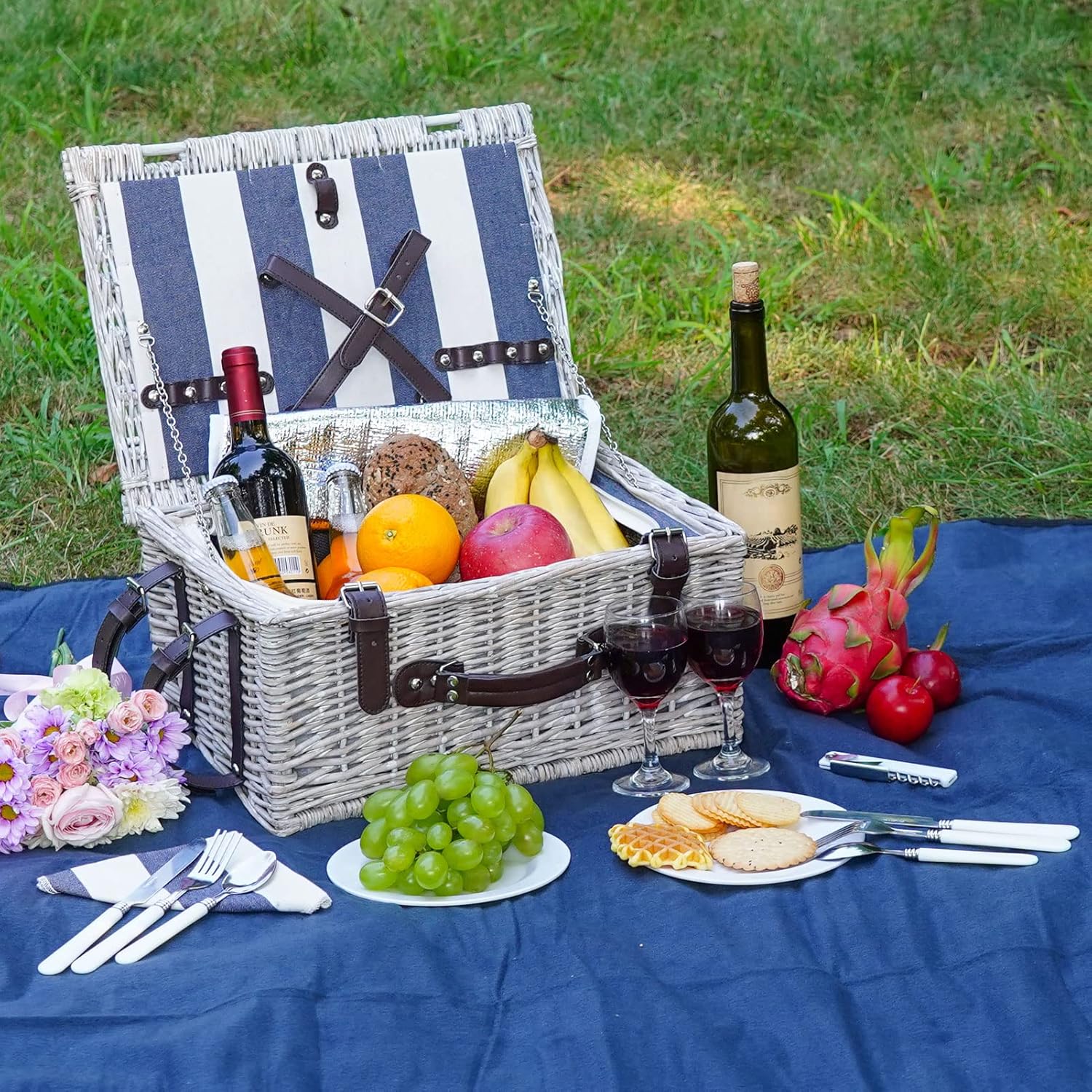Picnic Basket Sets for 2 Persons with Insulation Cooler,Waterproof Picnic Blanket, Tableware for Family,Party,Outdoor Living,Camping Gift - Image 6