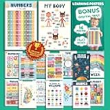 EXCOOL CLUB 16 Boho Educational Posters For Toddlers 1-3, Toddler Learning Posters For Kids Ages 3-5, Homeschool Kindergarten Classroom Must Haves, Laminated Abc Number Chart Prek Classroom Decor