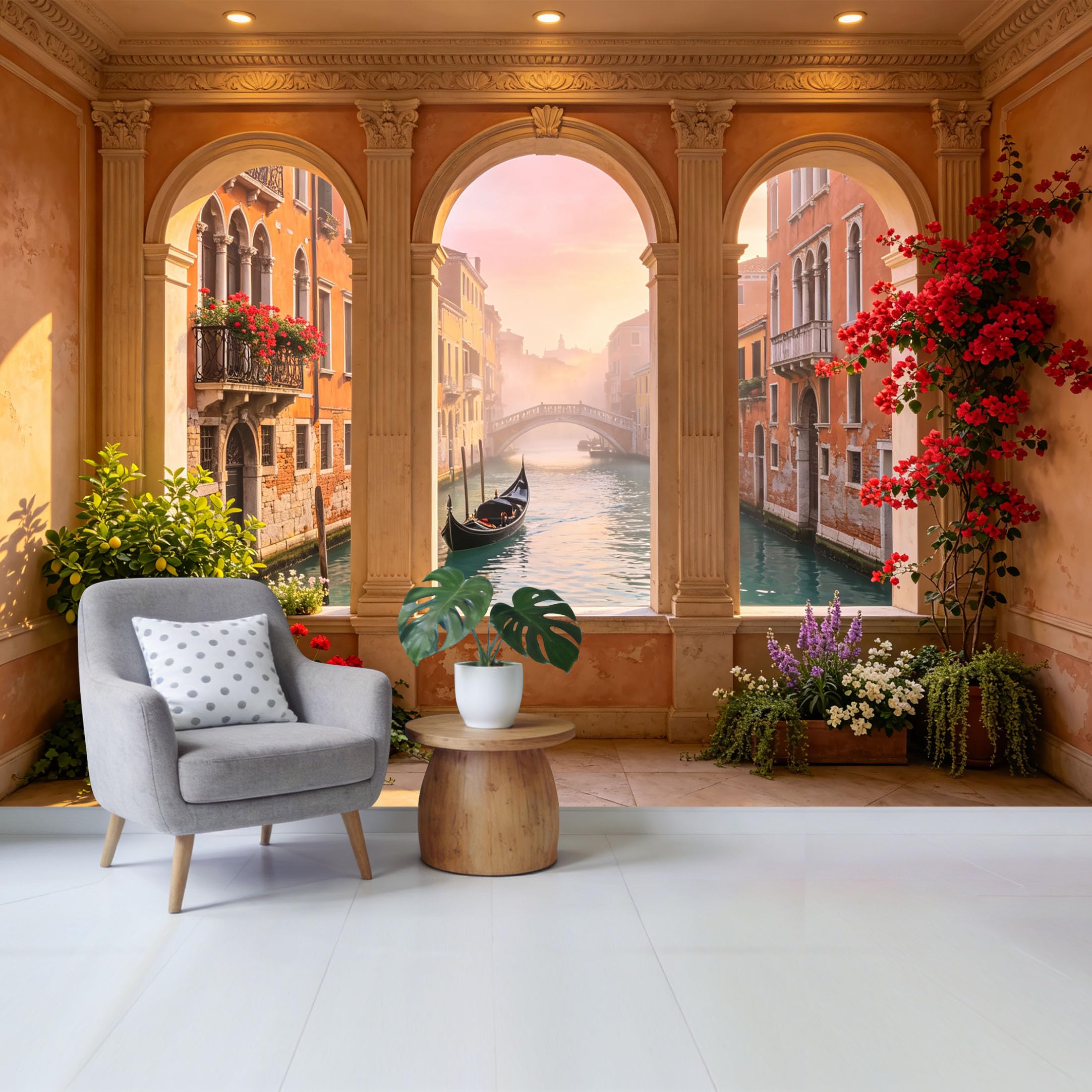 Custom Size Wall Mural Venetian Canal View with Gondola and Archway Floral Landscape Removable Self Adhesive Fabric Home Wall Decor for Living Room Bedroom Bathroom