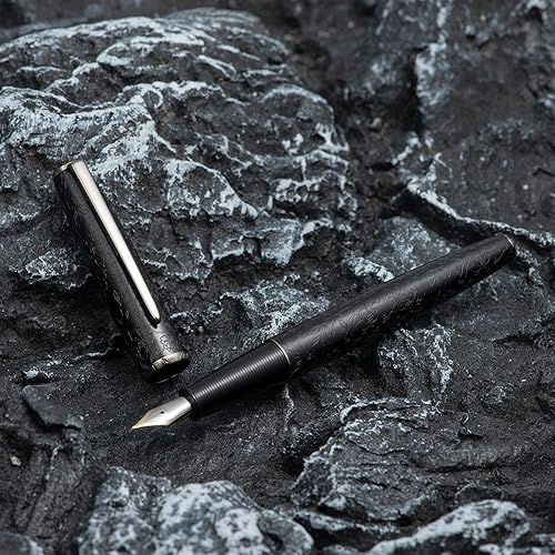 Miniatura 5 de Hongdian - Pluma estilográfica de aluminio negro A3, diseño de grabado de flor de punta fina de iridio, bolígrafo de escritura consistente con