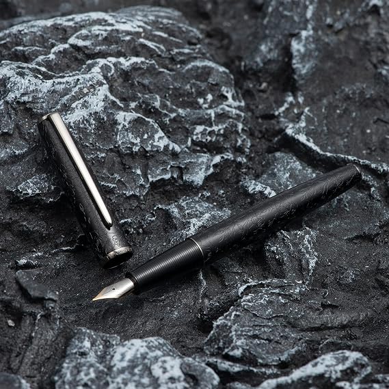 HONG DIAN A3 Black Aluminum Fountain Pen, Iridium Fine Nib Blossom Engraving Design, Consistent Writing Pen with Ink Converter and Metal Pen Box Set