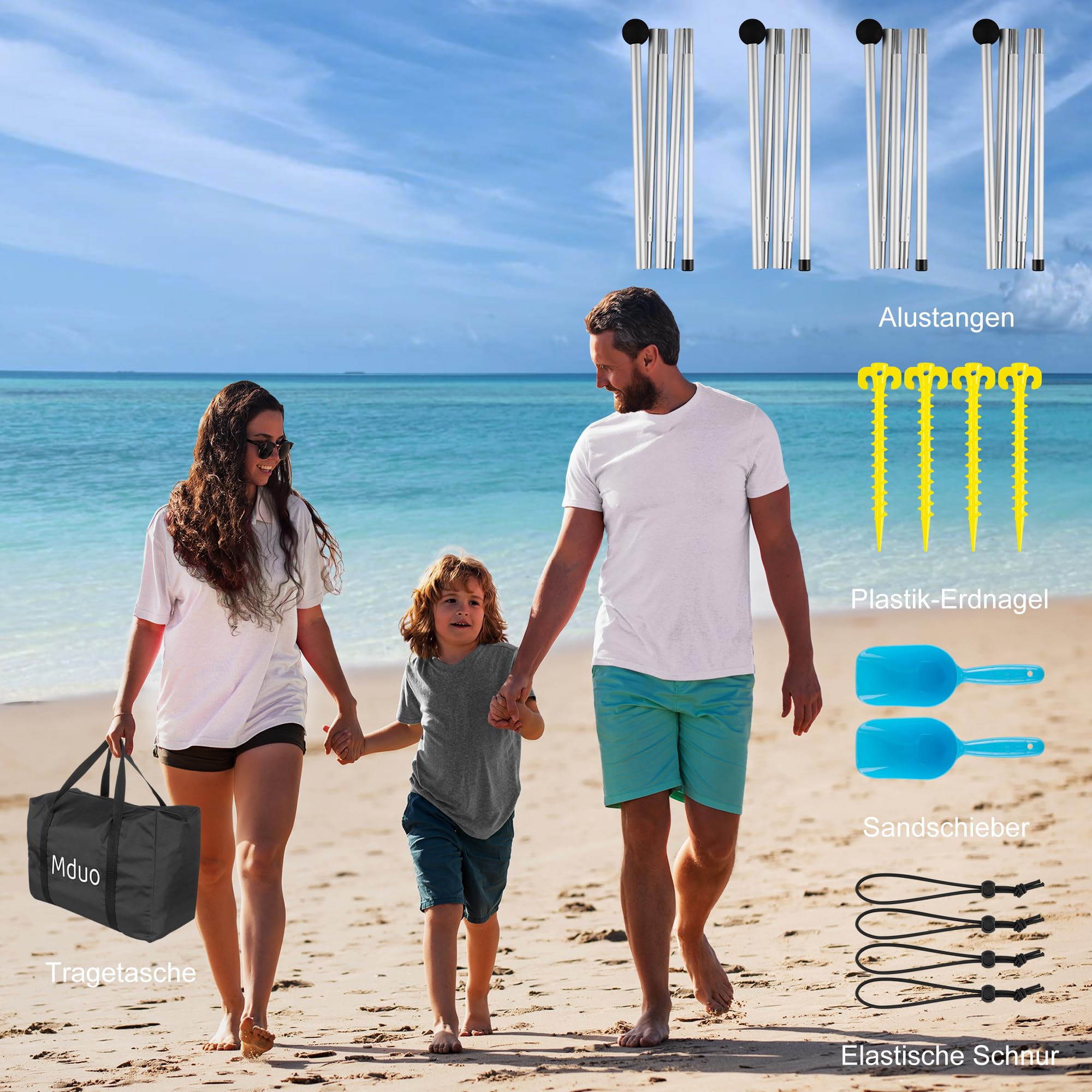 Strandzelt Sonnenschutz Strandmuschel mit UV-Schutz UPF 50+ -3x3m Tragbar für Strand, Outdoor, Camping & Garten-Inkl. Sandsäcke, Stangen, Heringe & Windseile-Für Picknick, Angeln-Schwarz Streifen
