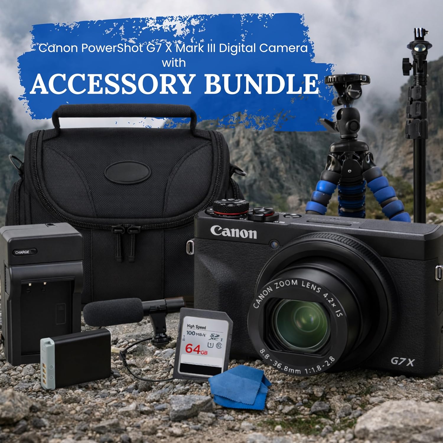 SSE Canon PowerShot G7 X Mark III Digital Camera (Black) Complete YouTube Vlogging Bundle with Mic, 64GB Memory Card, Extra Battery, Charger, Tripod & Travel Case (Renewed)