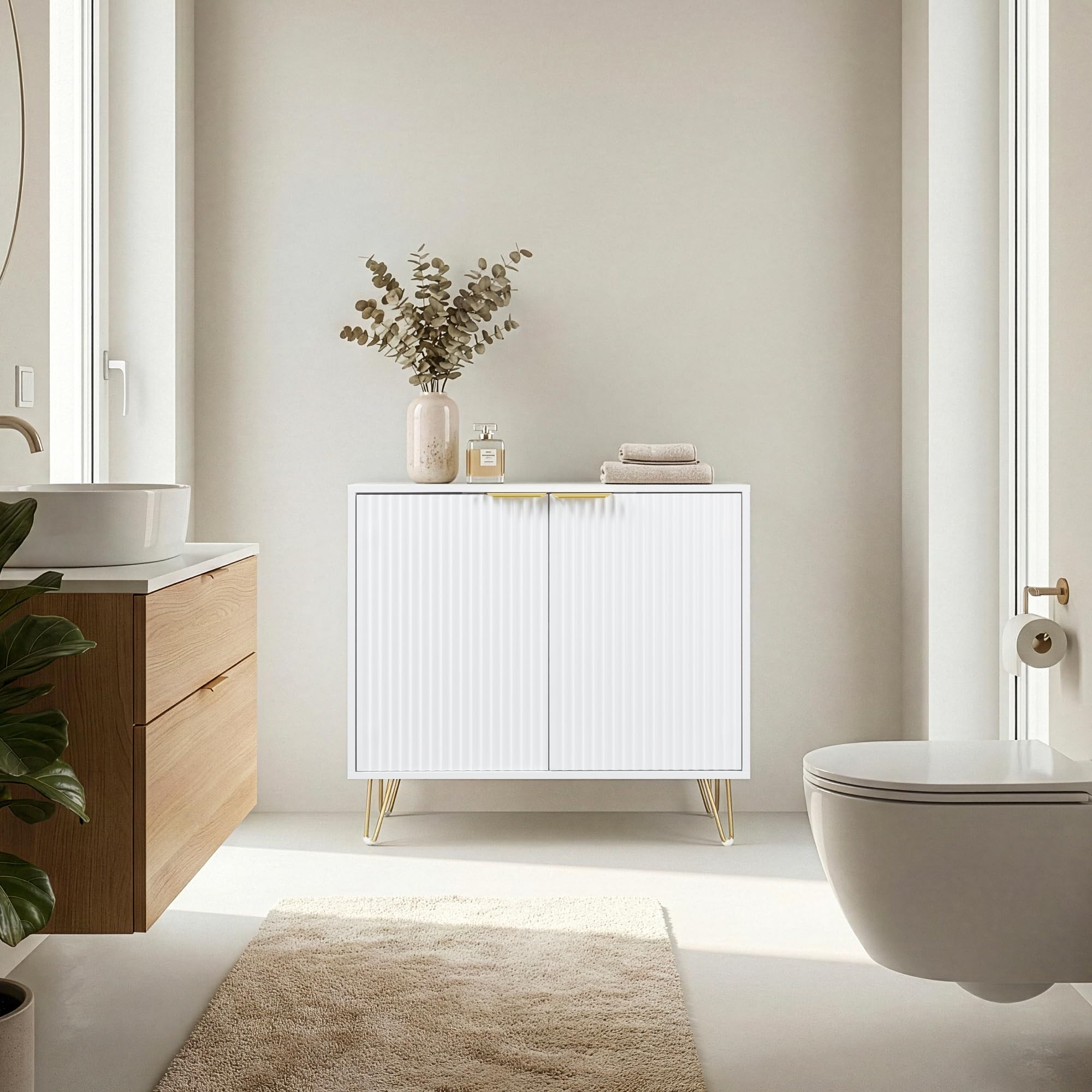 [en.casa] Credenza Bassa Mobile Contenitore a 2 Ante Decorative e Ripiano Comò Multiuso con Scomparti Chiusi per Bagno Cucina Camera da Letto Soggiorno 75 x 80 x 40 cm - Bianco
