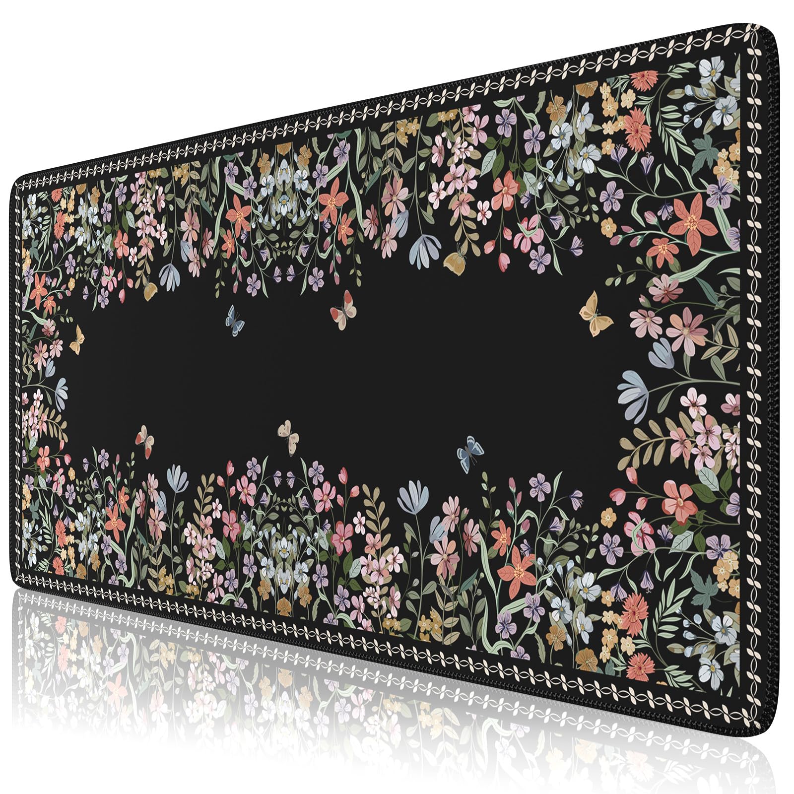 HAOCOO Floral Desk Pad for Keyboard and Mouse, Black Mouse Pad with Non-Slip Rubber Base, XXL Keyboard Mat with Edge Stitching, Soft Computer Mat,